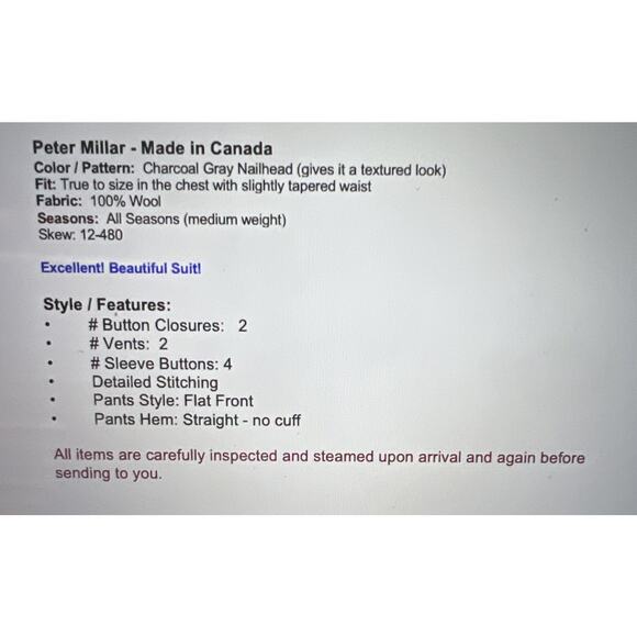 Peter Millar 50L 42x30 Charcoal Gray Nailhead Quality Wool 2 Piece Suit - Picture 2 of 16